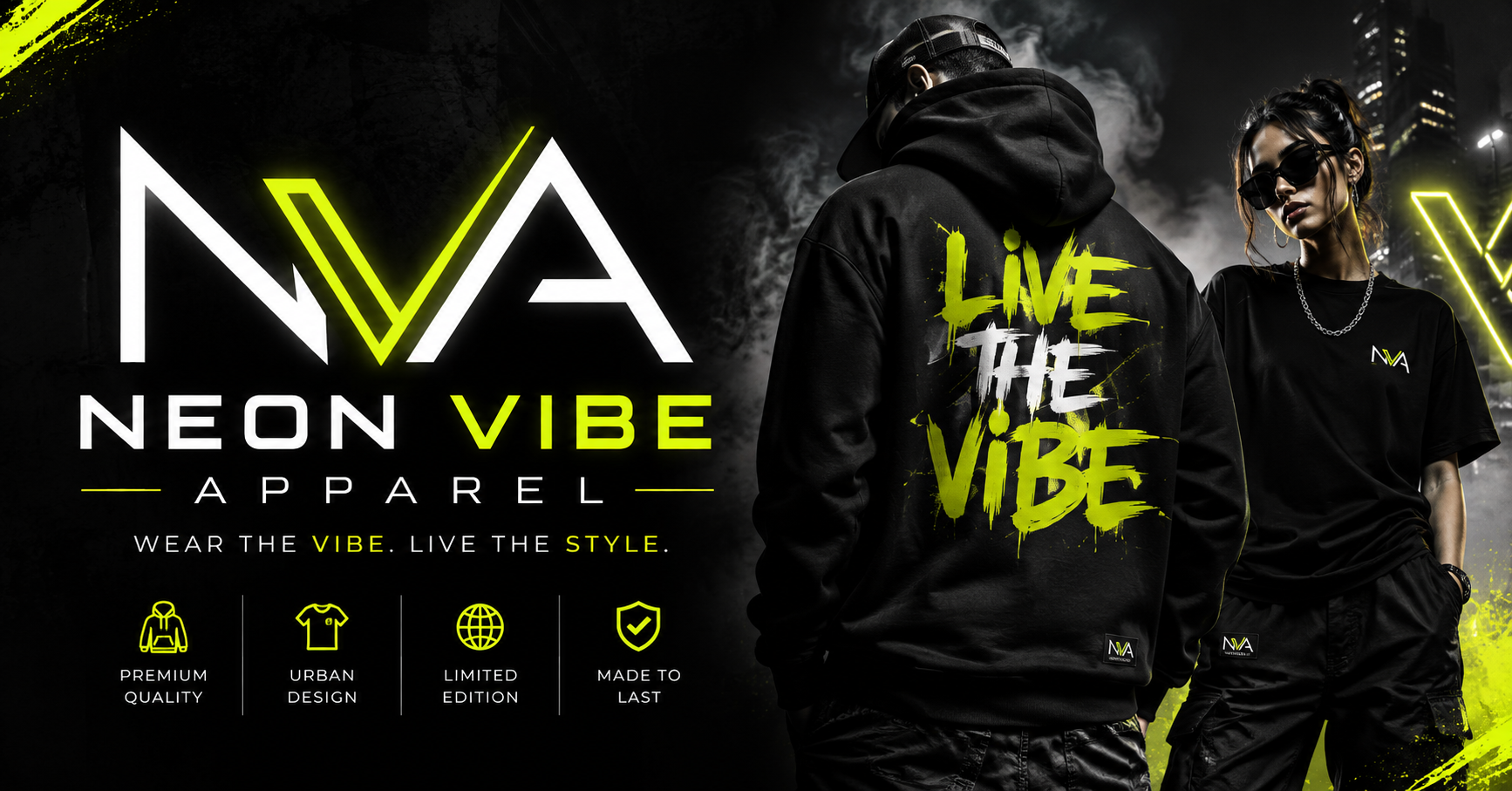 Neon Vibe Apparel Streetwear Kollektion mit Premium Hoodies und T-Shirts in Schwarz, Neon-Akzenten und modernem Urban Fashion Style.