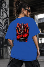 Neon Vibe Damen Oversized T-Shirt – Dämon Maske – DTF Backprint in Blau, Größe 5XL