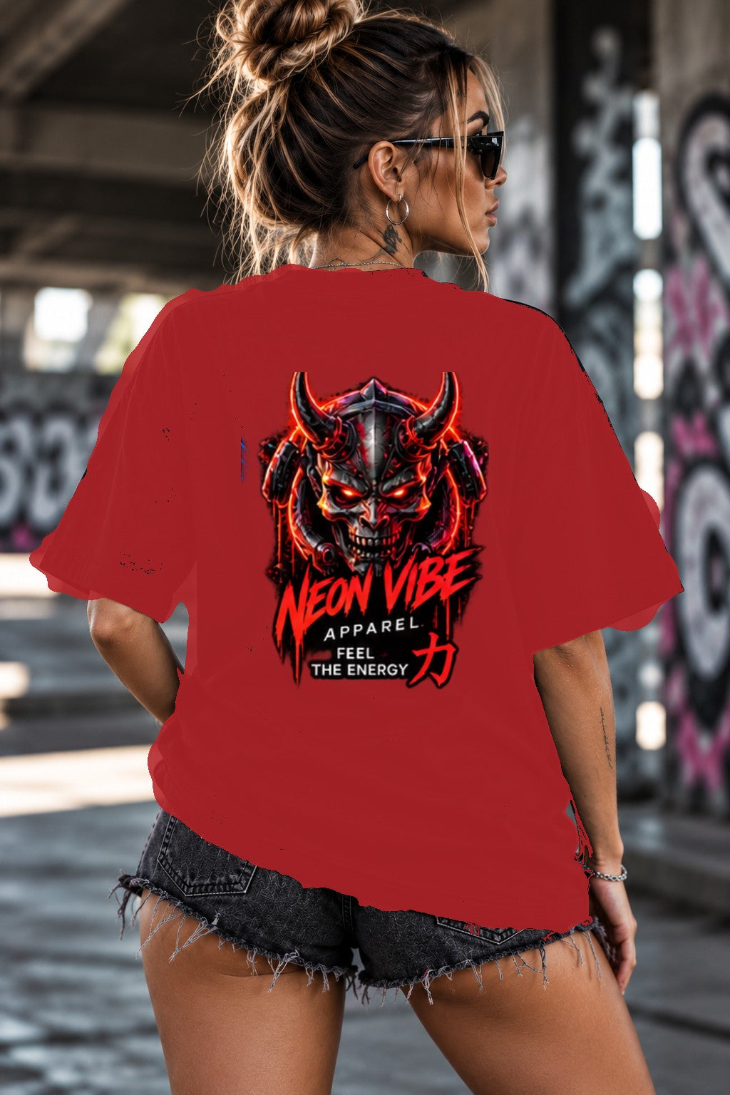 Neon Vibe Damen Oversized T-Shirt – Dämon Maske – DTF Backprint in Rot, Größe 5XL