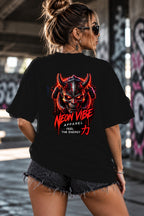 Neon Vibe Damen Oversized T-Shirt – Dämon Maske – DTF Backprint in Schwarz, Größe 5XL