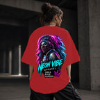 Neon Vibe Damen Oversized T-Shirt – Rave Girl – DTF Backprint in Rot, Größe 5XL