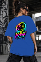 Neon Vibe Damen Oversized T-Shirt – Rave Smiley – DTF Backprint in Blau, Größe 5XL
