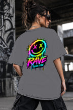Neon Vibe Damen Oversized T-Shirt – Rave Smiley – DTF Backprint in Grau, Größe 5XL