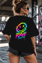 Neon Vibe Damen Oversized T-Shirt – Rave Smiley – DTF Backprint in Schwarz, Größe 5XL