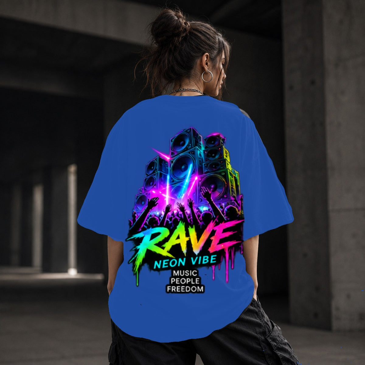 Neon Vibe Damen Oversized T-Shirt – Rave Bühne – DTF Backprint in Blau, Größe 5XL