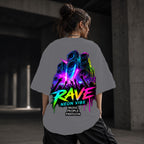 Neon Vibe Damen Oversized T-Shirt – Rave Bühne – DTF Backprint in Grau, Größe 5XL