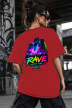 Neon Vibe Damen Oversized T-Shirt – Rave Bühne – DTF Backprint in Rot, Größe 5XL