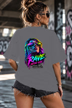 Neon Vibe Damen Oversized T-Shirt – Rave Girl – DTF Backprint in Grau, Größe 5XL