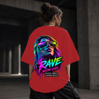Neon Vibe Damen Oversized T-Shirt – Rave Girl – DTF Backprint in Rot, Größe 5XL