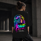 Neon Vibe Damen Oversized T-Shirt – Rave Girl – DTF Backprint in Schwarz, Größe 5XL