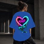 Neon Vibe Damen Oversized T-Shirt – Rave Herz – DTF Backprint in Blau, Größe 5XL