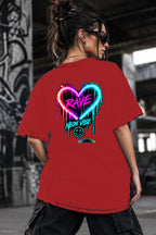 Neon Vibe Damen Oversized T-Shirt – Rave Herz – DTF Backprint in Rot, Größe 5XL