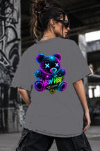 Neon Vibe Damen Oversized T-Shirt – Neon Teddy – DTF Backprint in Grau, Größe 5XL
