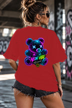 Neon Vibe Damen Oversized T-Shirt – Neon Teddy – DTF Backprint in Rot, Größe 5XL