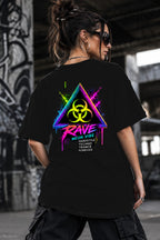 Neon Vibe Damen Oversized T-Shirt – Biohazard Dreieck – DTF Backprint in Schwarz, Größe 5XL