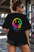 Neon Vibe Damen Oversized T-Shirt – Neon Smiley – DTF Backprint in Schwarz, Größe 5XL