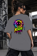 Neon Vibe Damen Oversized T-Shirt – Headset Smiley – DTF Backprint in Grau, Größe 5XL