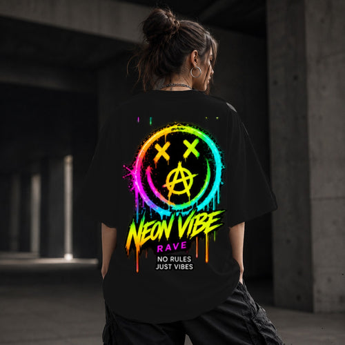 Neon Vibe Damen Oversized T-Shirt – Anarchy Smiley – DTF Backprint in Schwarz, Größe 5XL