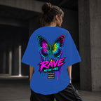 Neon Vibe Damen Oversized T-Shirt – Neon Schmetterling – DTF Backprint in Blau, Größe 5XL
