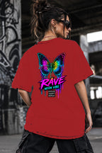 Neon Vibe Damen Oversized T-Shirt – Neon Schmetterling – DTF Backprint in Rot, Größe 5XL