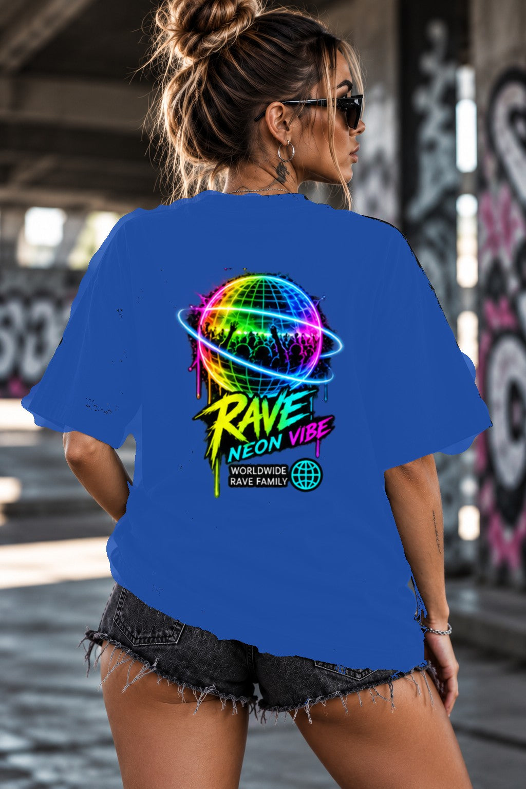 Neon Vibe Damen Oversized T-Shirt – Globe Rave – DTF Backprint in Blau, Größe 5XL