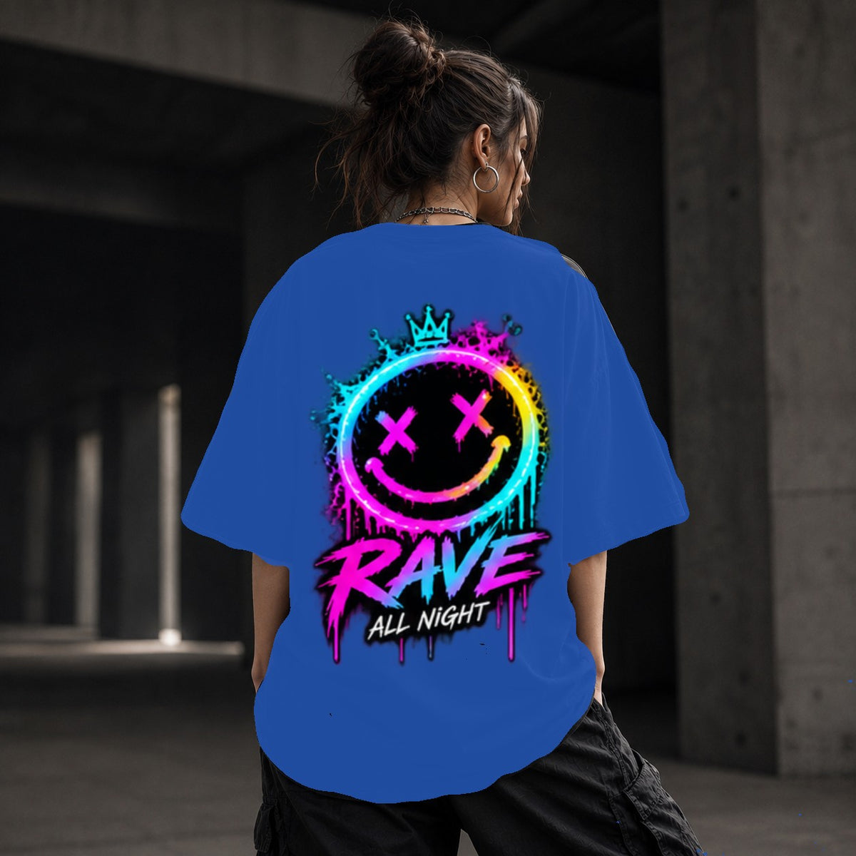 Neon Vibe Damen Oversized T-Shirt – Rave Smiley – DTF Backprint in Blau, Größe 5XL