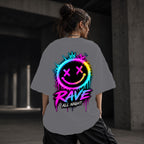 Neon Vibe Damen Oversized T-Shirt – Rave Smiley – DTF Backprint in Grau, Größe 5XL
