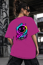 Neon Vibe Damen Oversized T-Shirt – Rave Smiley – DTF Backprint in Pink, Größe 5XL