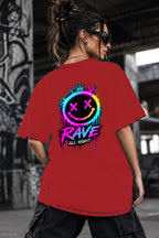 Neon Vibe Damen Oversized T-Shirt – Rave Smiley – DTF Backprint in Rot, Größe 5XL