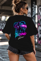 Neon Vibe Damen Oversized T-Shirt – Techno Girl VR – DTF Backprint in Schwarz, Größe 5XL