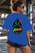 Neon Vibe Damen Oversized T-Shirt – Rave Gasmaske – DTF Backprint in Blau, Größe 5XL