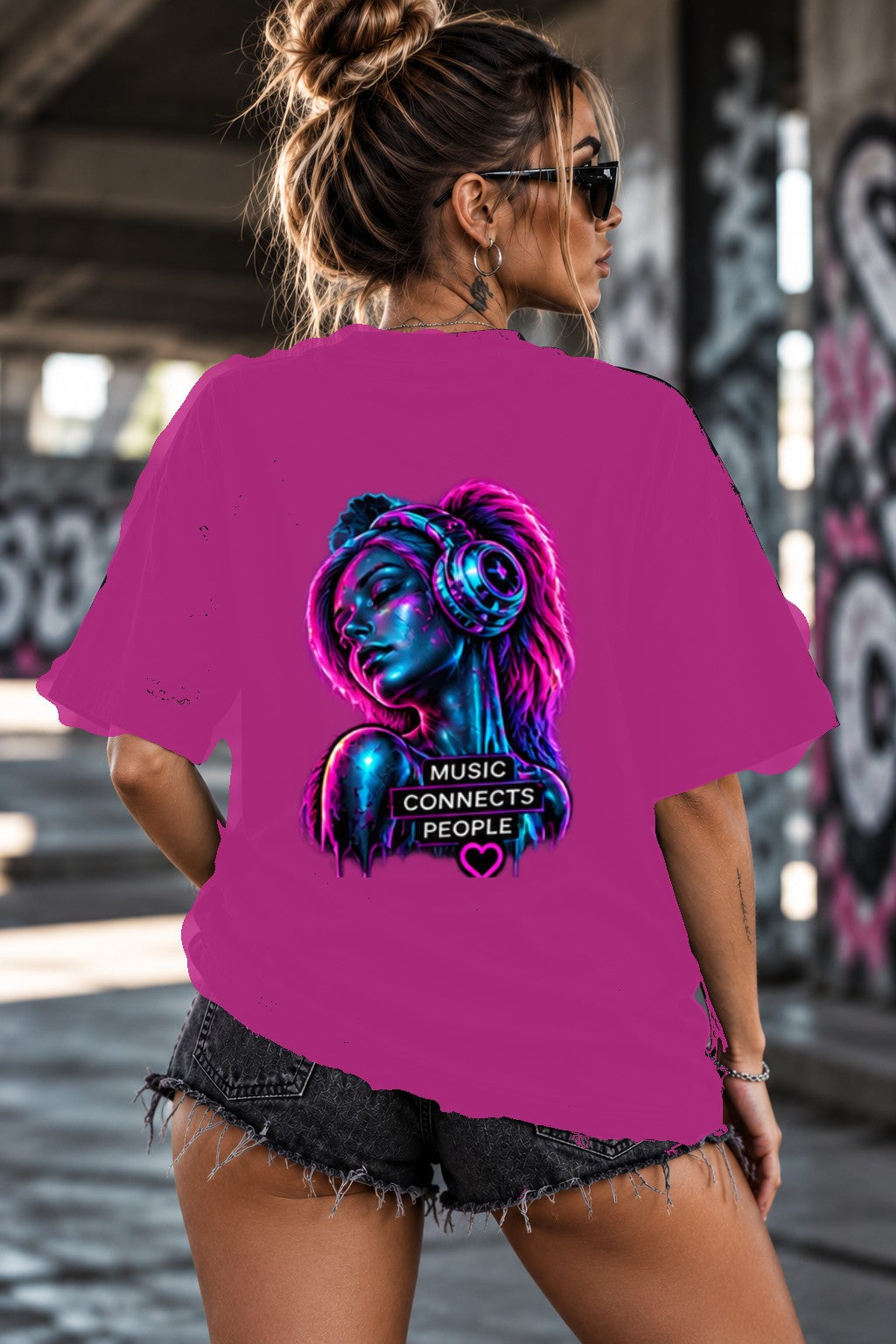 Neon Vibe Damen Oversized T-Shirt – Frau mit Kopfhörern – DTF Backprint in Pink, Größe 5XL