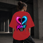 Neon Vibe Damen Oversized T-Shirt – Gebrochenes Rave Herz – DTF Backprint in Rot, Größe 5XL