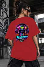 Neon Vibe Damen Oversized T-Shirt – Techno Skull Headset – DTF Backprint in Rot, Größe 5XL
