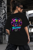 Neon Vibe Damen Oversized T-Shirt – Techno Skull Headset – DTF Backprint in Schwarz, Größe 5XL