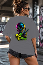 Neon Vibe Damen Oversized T-Shirt – Peace Alien – DTF Backprint in Grau, Größe 5XL