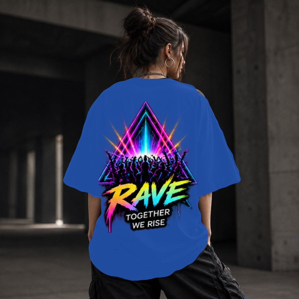 Neon Vibe Damen Oversized T-Shirt – Rave Stage – DTF Backprint in Blau, Größe 5XL