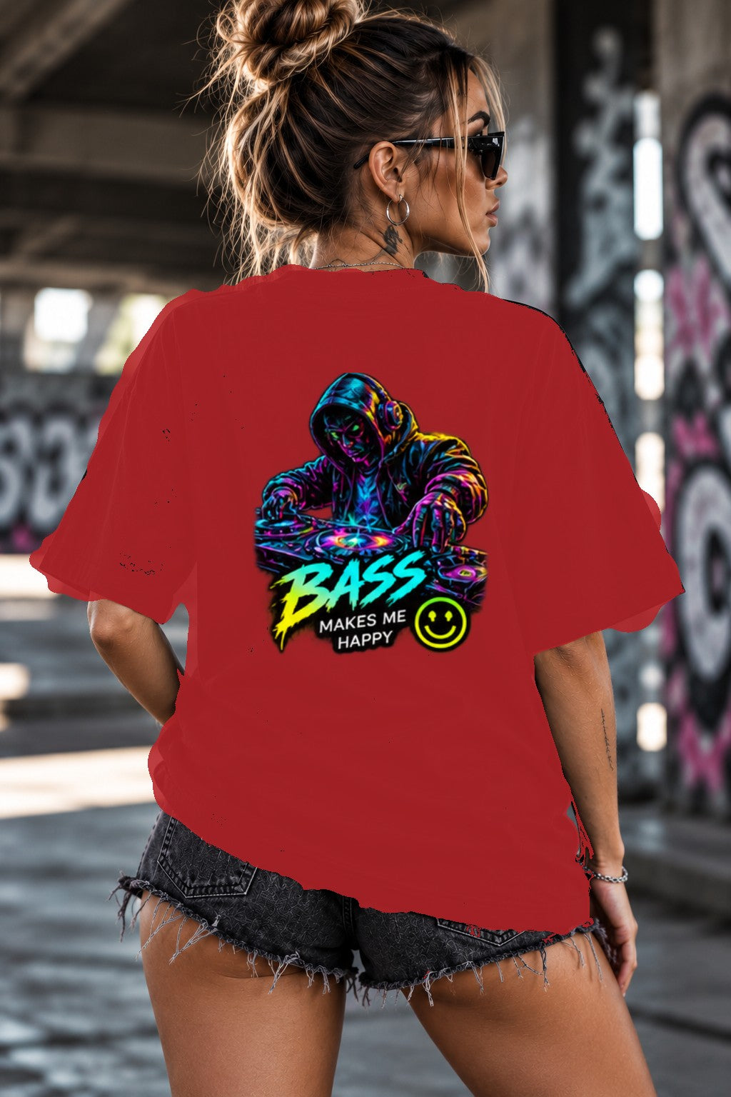 Neon Vibe Damen Oversized T-Shirt – Neon DJ – DTF Backprint in Rot, Größe 5XL