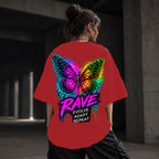 Neon Vibe Damen Oversized T-Shirt – Neon Butterfly – DTF Backprint in Rot, Größe 5XL