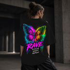 Neon Vibe Damen Oversized T-Shirt – Neon Butterfly – DTF Backprint in Schwarz, Größe 5XL