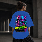 Neon Vibe Damen Oversized T-Shirt – Hardstyle Skull – DTF Backprint in Blau, Größe 5XL
