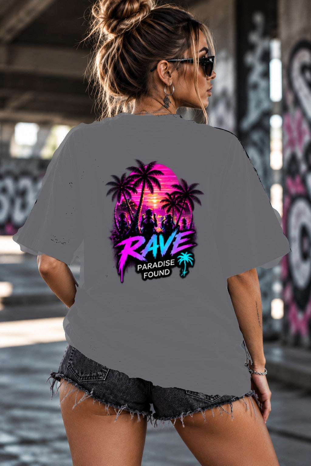 Neon Vibe Damen Oversized T-Shirt – Rave Palmen – DTF Backprint in Grau, Größe 5XL