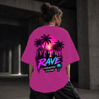 Neon Vibe Damen Oversized T-Shirt – Rave Palmen – DTF Backprint in Pink, Größe 5XL