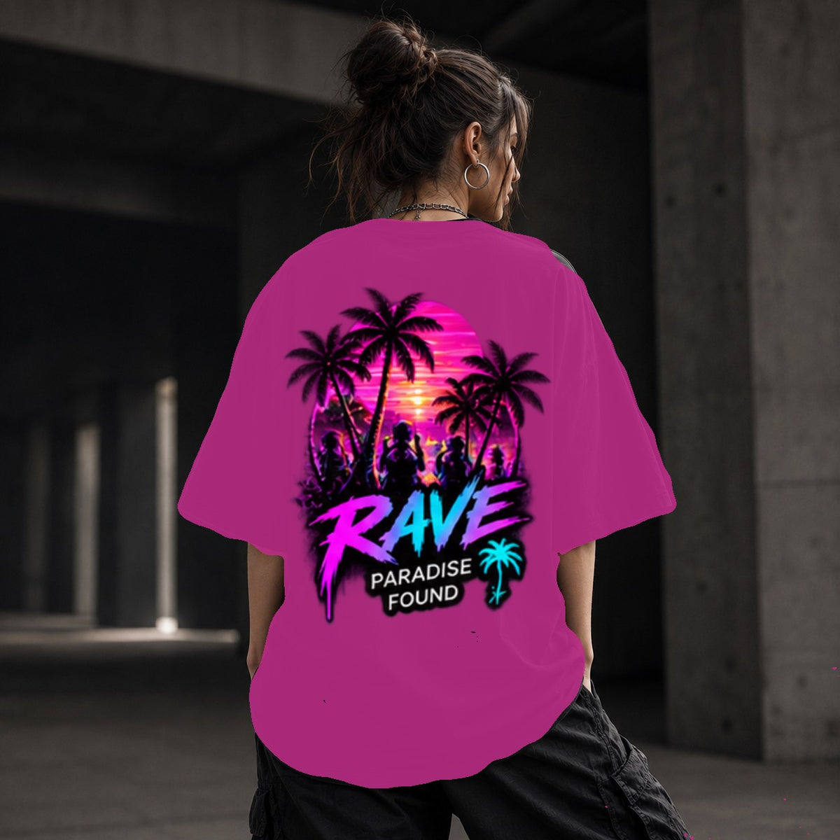 Neon Vibe Damen Oversized T-Shirt – Rave Palmen – DTF Backprint in Pink, Größe 5XL