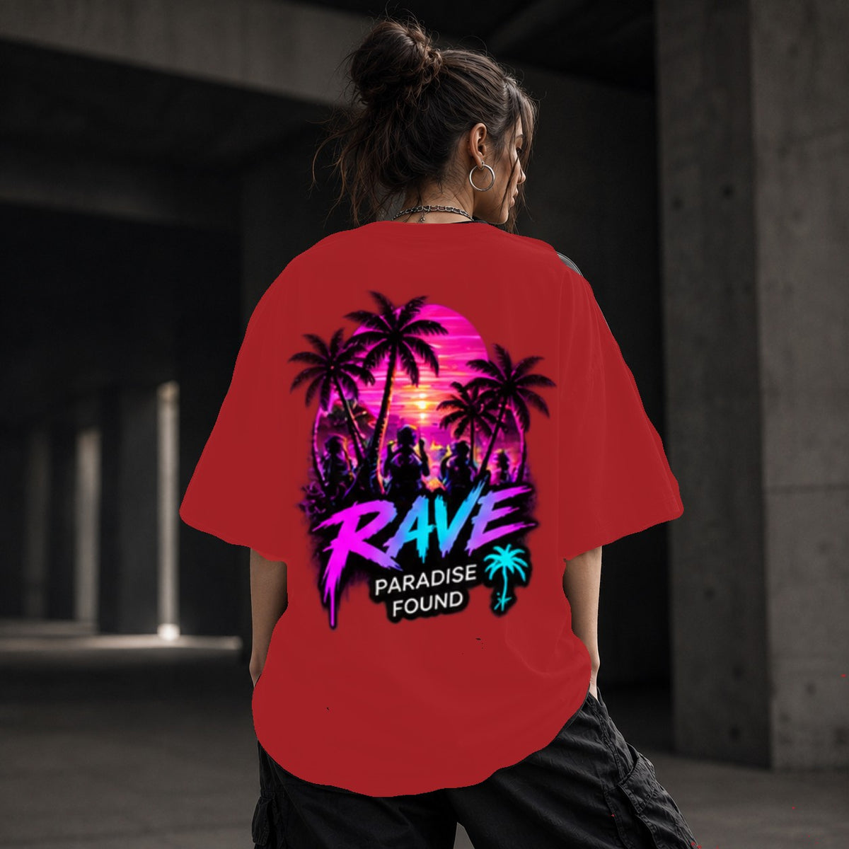 Neon Vibe Damen Oversized T-Shirt – Rave Palmen – DTF Backprint in Rot, Größe 5XL