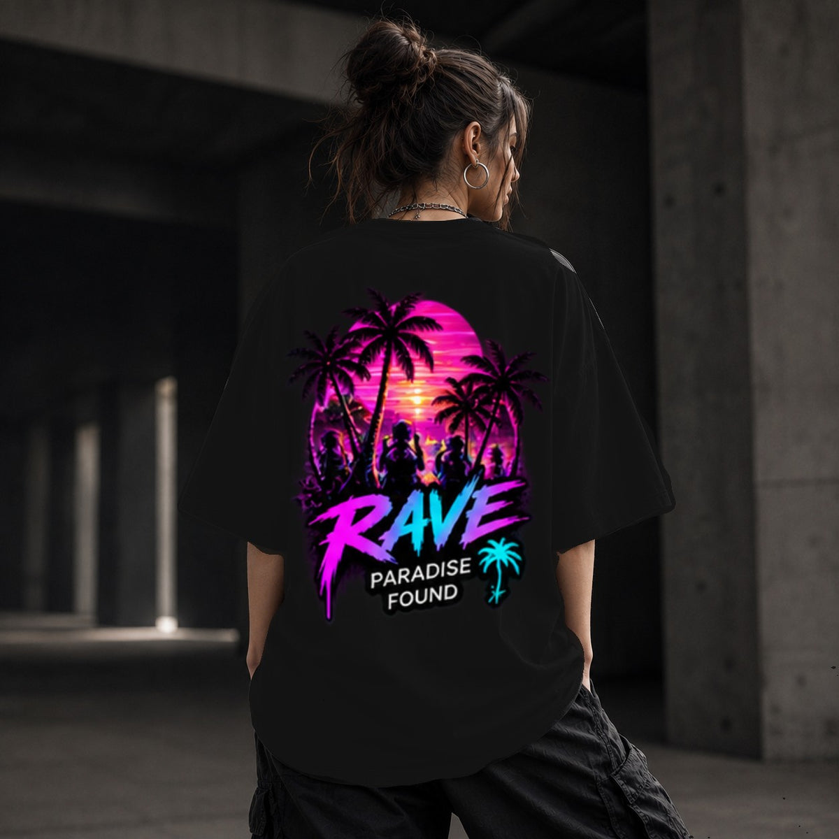 Neon Vibe Damen Oversized T-Shirt – Rave Palmen – DTF Backprint in Schwarz, Größe 5XL
