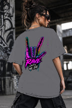 Neon Vibe Damen Oversized T-Shirt – Rock Hand – DTF Backprint in Grau, Größe 5XL