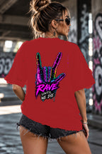 Neon Vibe Damen Oversized T-Shirt – Rock Hand – DTF Backprint in Rot, Größe 5XL
