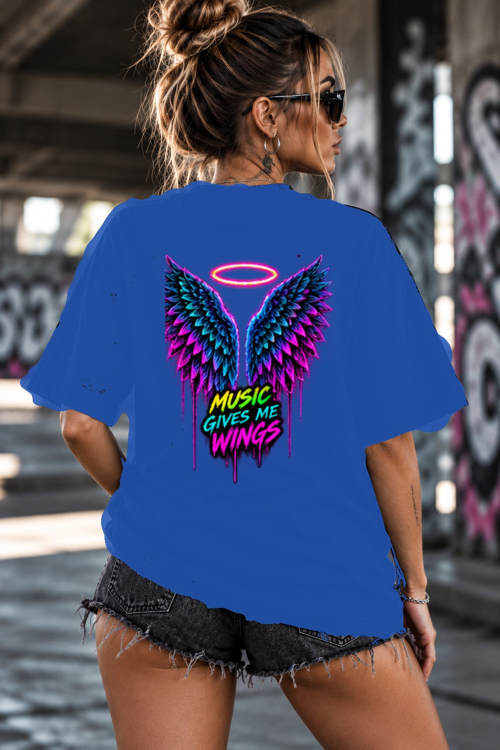 Neon Vibe Damen Oversized T-Shirt – Angel Wings – DTF Backprint in Blau, Größe 5XL