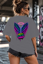 Neon Vibe Damen Oversized T-Shirt – Angel Wings – DTF Backprint in Grau, Größe 5XL